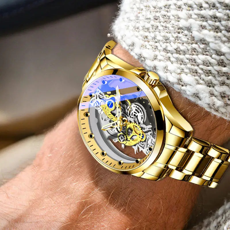 Men’s Luxury Golden Skeleton Automatic Quartz Watch – Trendy Fashion Design